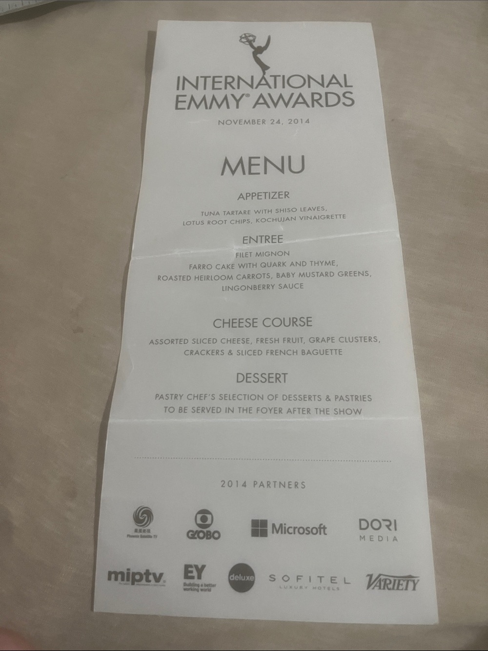 Emmy International Awards Menu 42nd Annual 2014 3.75x9.25